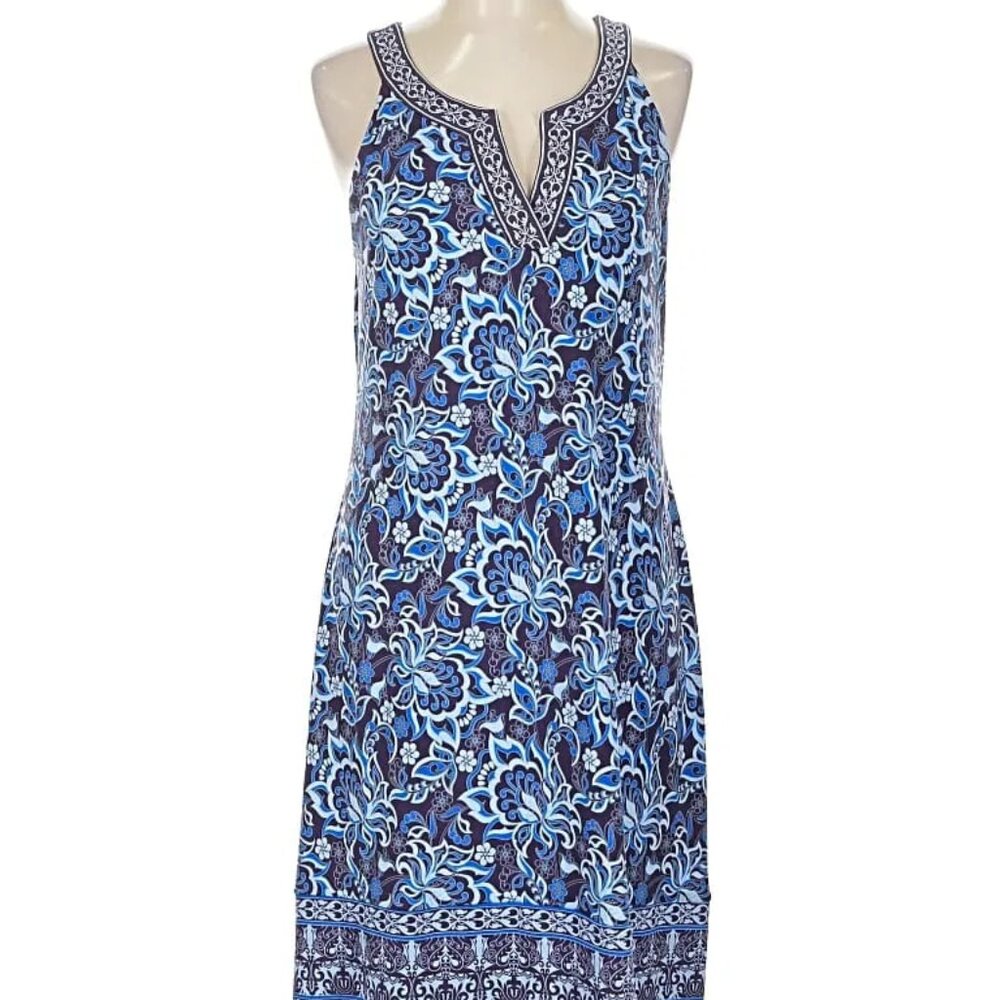 Blue Floral Sleeveless Midi Dress with Embellished V-Neck